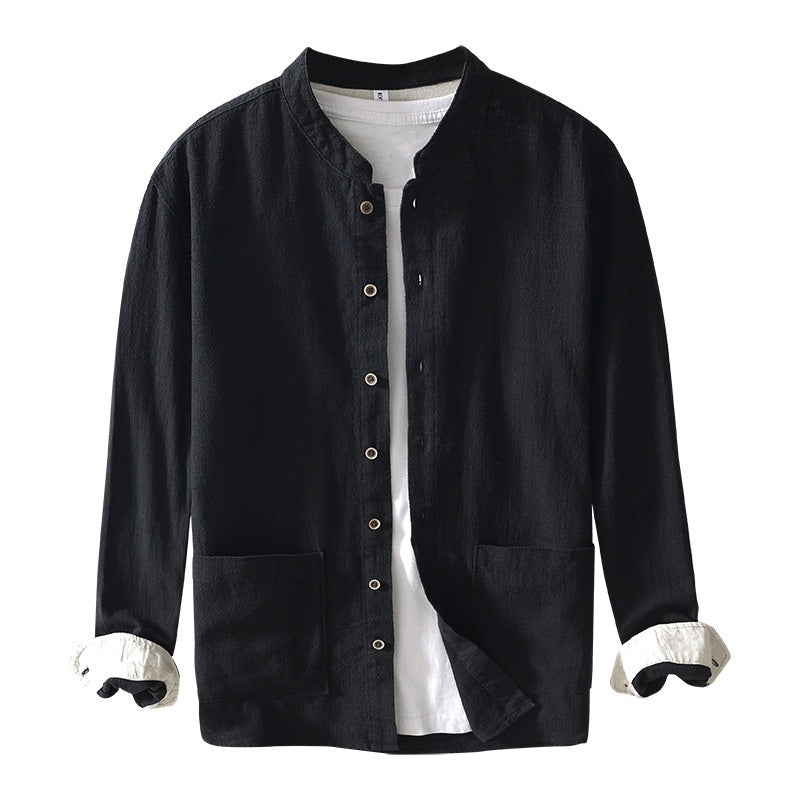 Men's Ramie Linen Shirt - Stand Collar Chinese Style Long Sleeve