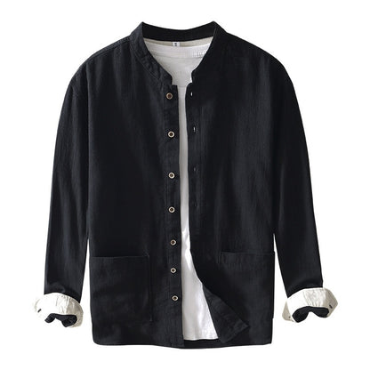 Men's Ramie Linen Shirt - Stand Collar Chinese Style Long Sleeve