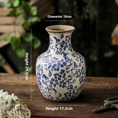 New Chinese Ceramic Vase - Retro Blue Round Belly Vase for Home Decor