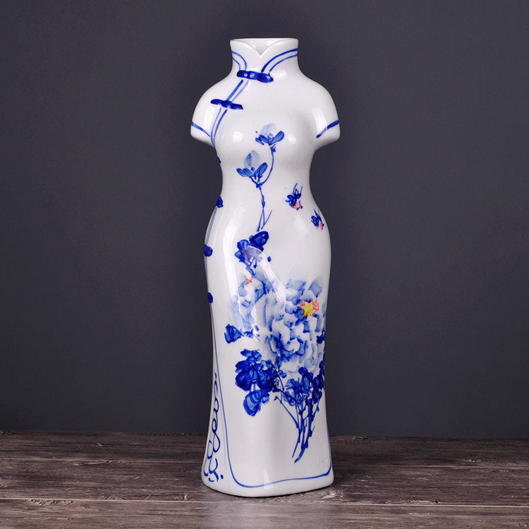Hand-Painted Blue and White Porcelain Vase | Jingdezhen Qipao Lady Design