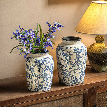 Vintage Ice Crackle Glaze Ceramic Vase - Blue and White Porcelain Decor
