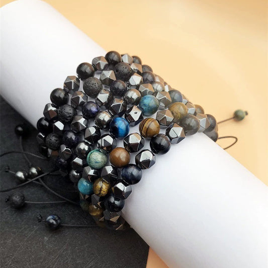 Hematite Tiger Eye Bracelet - Natural Stone Woven Beaded Jewelry