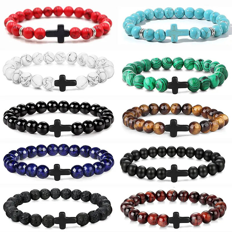 Men's Natural Stone Bead Bracelet - Tiger Eye, Obsidian & Wood Cross Charm