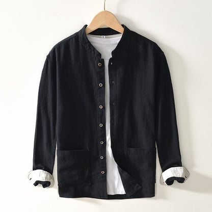 Men's Ramie Linen Shirt - Stand Collar Chinese Style Long Sleeve