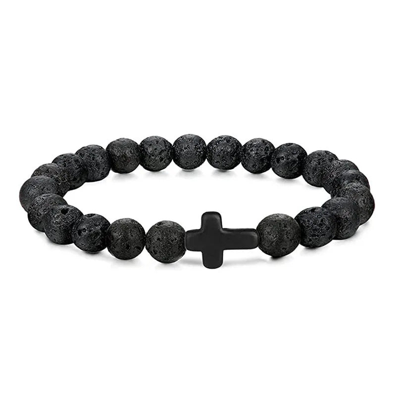 Men's Natural Stone Bead Bracelet - Tiger Eye, Obsidian & Wood Cross Charm