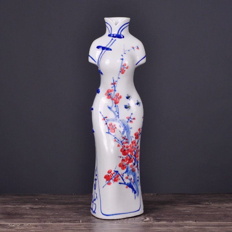Hand-Painted Blue and White Porcelain Vase | Jingdezhen Qipao Lady Design