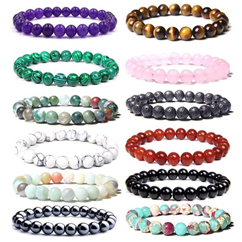 Natural Gemstone Beaded Bracelet - Tiger Eye Volcanic Rock Agate 8mm