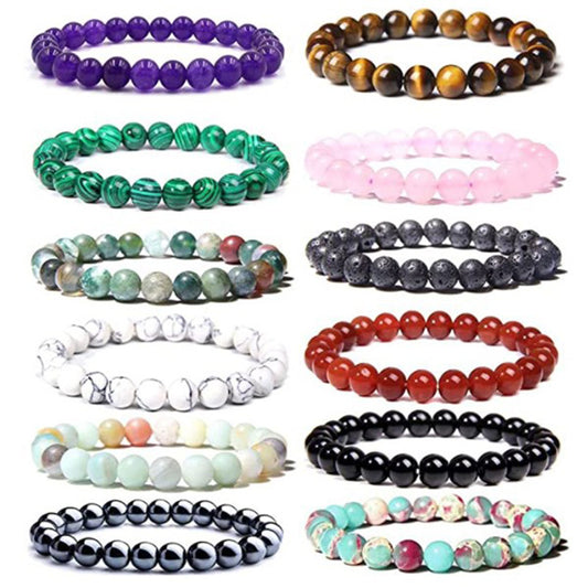 Natural Gemstone Beaded Bracelet - Tiger Eye Volcanic Rock Agate 8mm