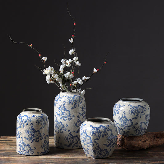 Vintage Blue Porcelain Vase - Ceramic Glazed Vase for Home Decor