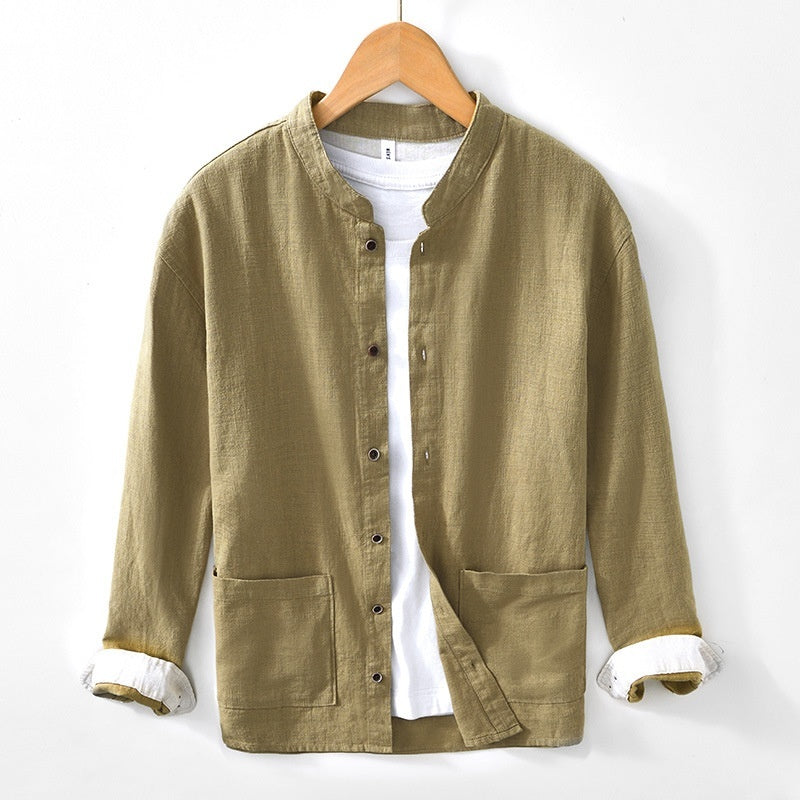 Men's Ramie Linen Shirt - Stand Collar Chinese Style Long Sleeve