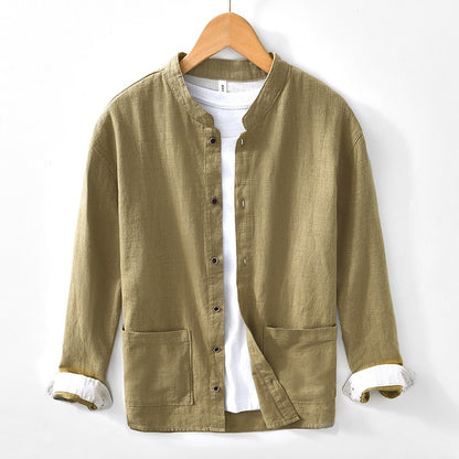 Men's Ramie Linen Shirt - Stand Collar Chinese Style Long Sleeve