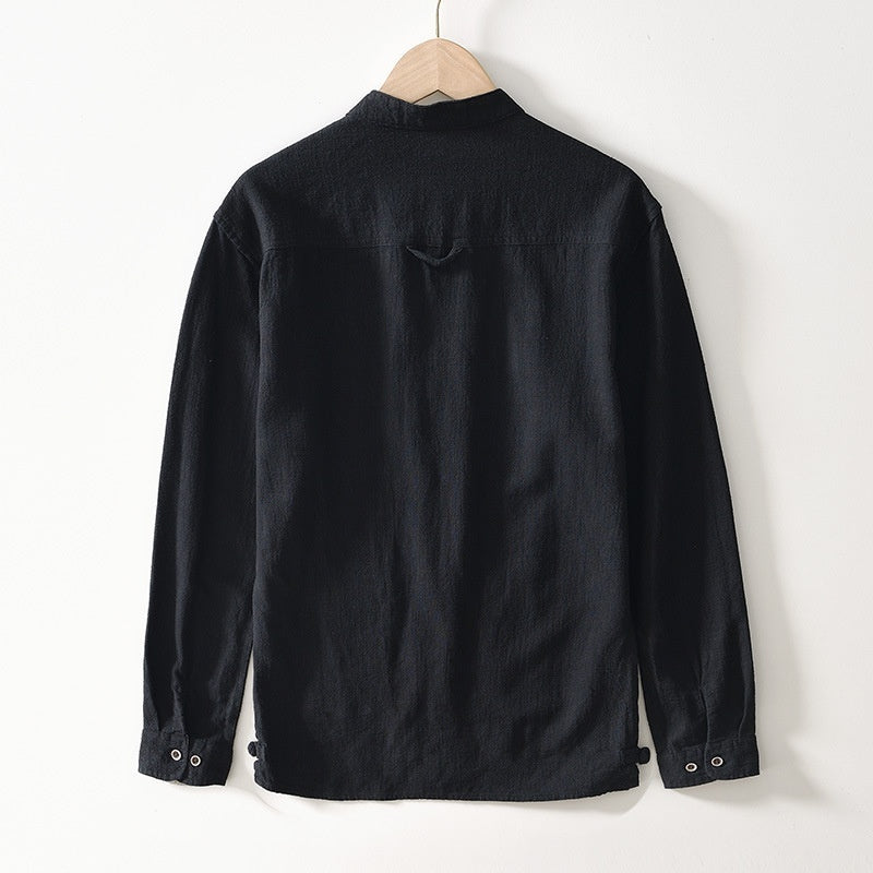 Men's Ramie Linen Shirt - Stand Collar Chinese Style Long Sleeve