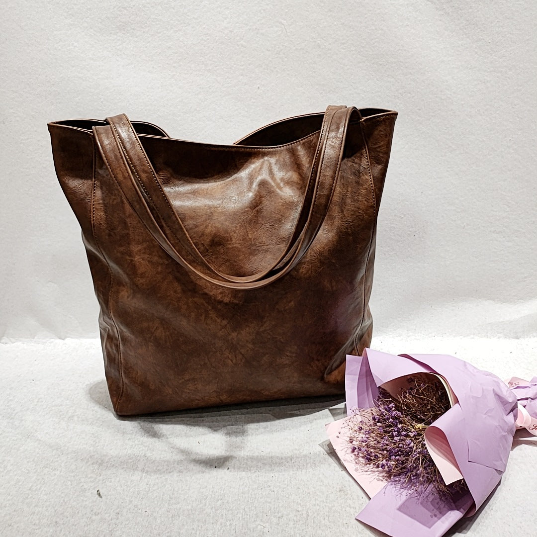 Rivet Contrast Stitching Shoulder Bag - Large PU Leather Tote