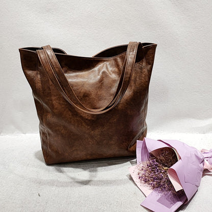 Rivet Contrast Stitching Shoulder Bag - Large PU Leather Tote