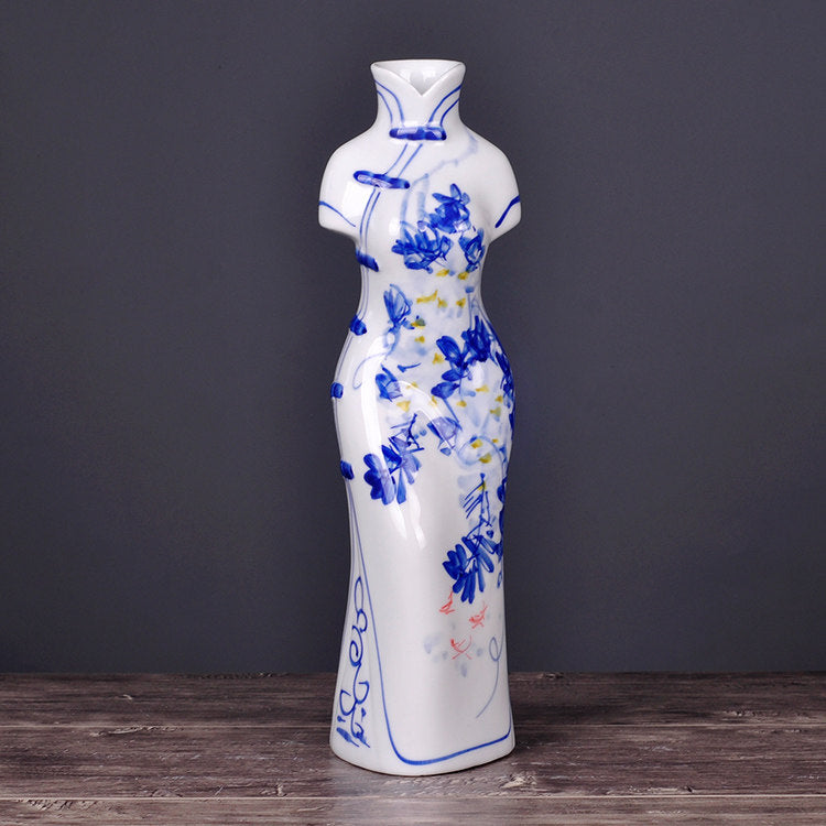 Hand-Painted Blue and White Porcelain Vase | Jingdezhen Qipao Lady Design