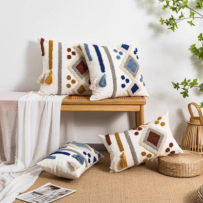 Bohemian Velvet Pillow Cover - Round Embroidered Tassel Cushion