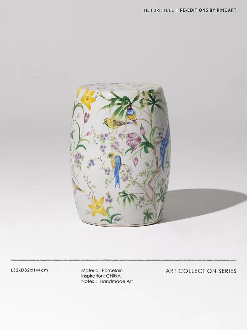 Floral Bird Crackle Glaze Ceramic Drum Stool | Oriental Chinoiserie Side Table