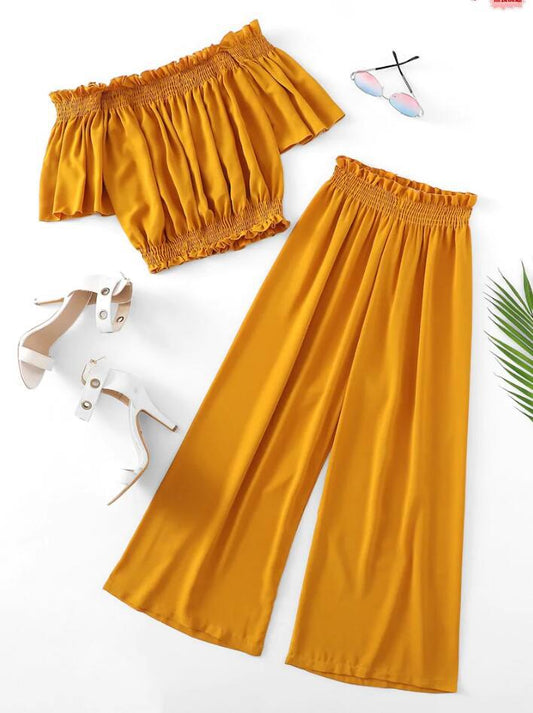 Women's Two-Piece Set - Chiffon Top and Wide Leg Pants Suit