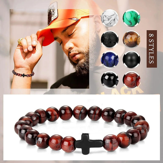 Men's Natural Stone Bead Bracelet - Tiger Eye, Obsidian & Wood Cross Charm