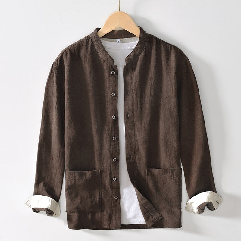 Men's Ramie Linen Shirt - Stand Collar Chinese Style Long Sleeve