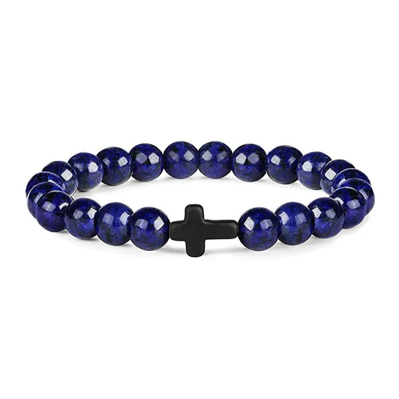 Men's Natural Stone Bead Bracelet - Tiger Eye, Obsidian & Wood Cross Charm