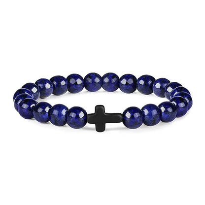 Men's Natural Stone Bead Bracelet - Tiger Eye, Obsidian & Wood Cross Charm