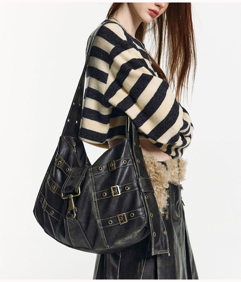 Tote Underarm Shoulder Portable Retro Large Capacity Commuter Black Bag