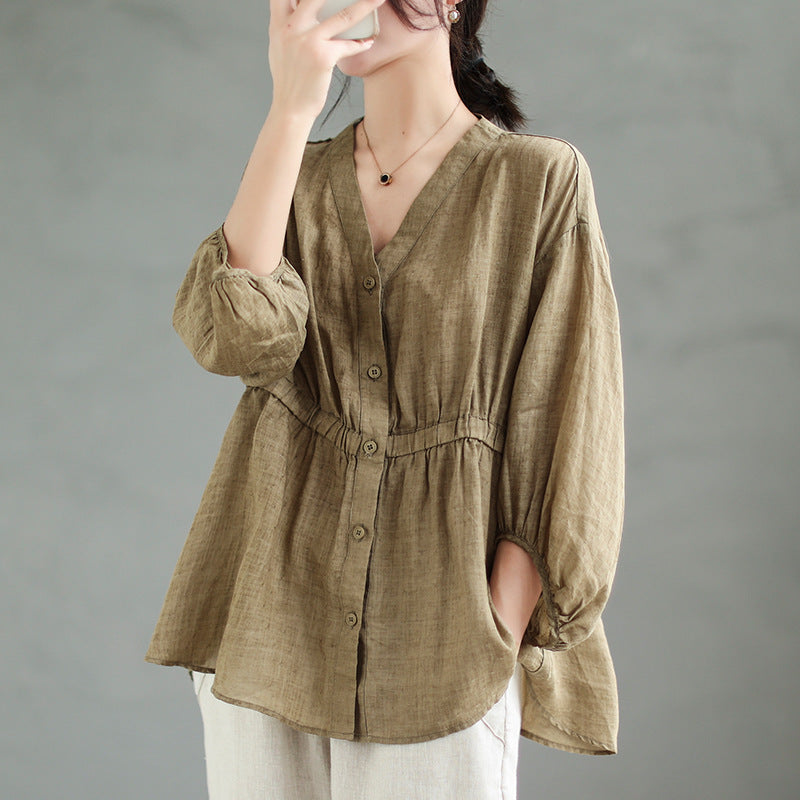 Women's Ramie V-Neck Shirt - Loose Fit Batwing Sleeve Top