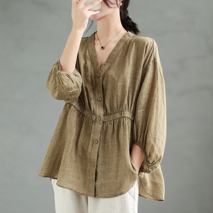 Women's Ramie V-Neck Shirt - Loose Fit Batwing Sleeve Top