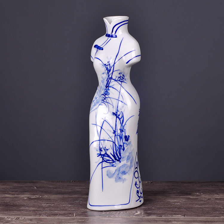 Hand-Painted Blue and White Porcelain Vase | Jingdezhen Qipao Lady Design