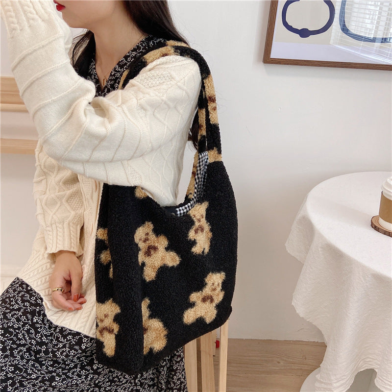 Large Capacity Student Shoulder Bag - Soft Lamb Wool Tote