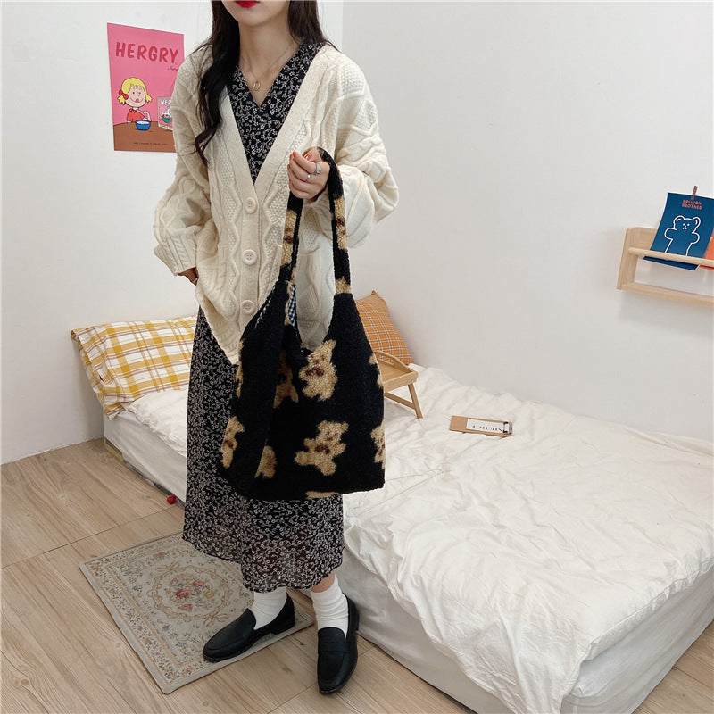 Large Capacity Student Shoulder Bag - Soft Lamb Wool Tote