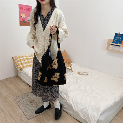 Large Capacity Student Shoulder Bag - Soft Lamb Wool Tote
