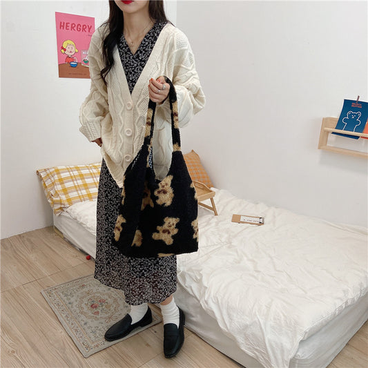 Large Capacity Student Shoulder Bag - Soft Lamb Wool Tote