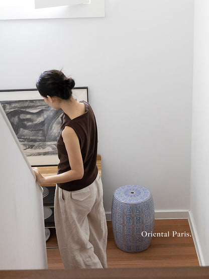 Hand Painted Blue And White Porcelain Drum Stool Chinoiserie Side Table