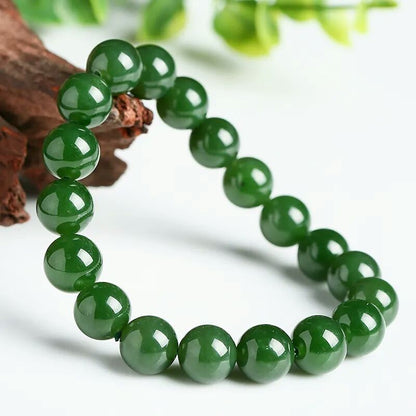 Natural Xinjiang Jasper Jade Bracelet - Spinach Green Beaded Bracelet