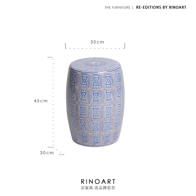 Hand Painted Blue And White Porcelain Drum Stool Chinoiserie Side Table