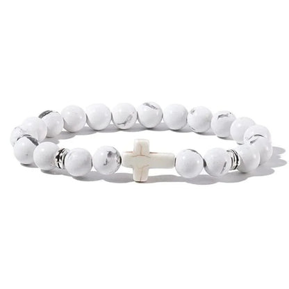 Men's Natural Stone Bead Bracelet - Tiger Eye, Obsidian & Wood Cross Charm