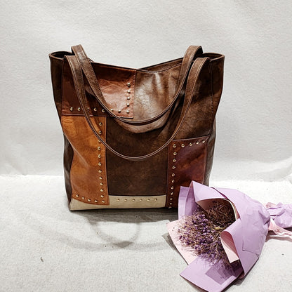 Rivet Contrast Stitching Shoulder Bag - Large PU Leather Tote