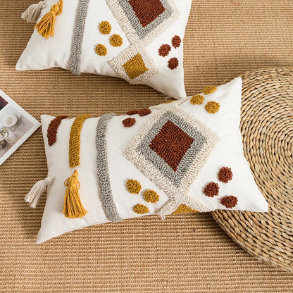 Bohemian Velvet Pillow Cover - Round Embroidered Tassel Cushion