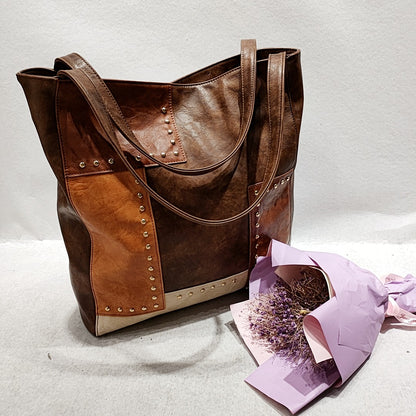 Rivet Contrast Stitching Shoulder Bag - Large PU Leather Tote