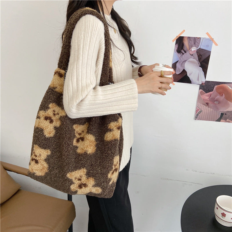 Large Capacity Student Shoulder Bag - Soft Lamb Wool Tote