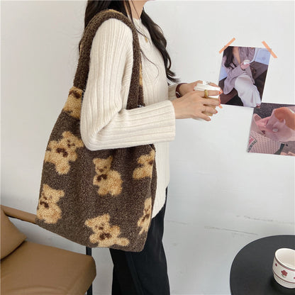 Large Capacity Student Shoulder Bag - Soft Lamb Wool Tote