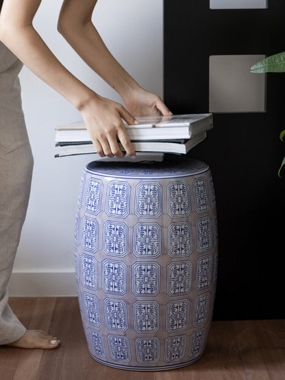 Hand Painted Blue And White Porcelain Drum Stool Chinoiserie Side Table