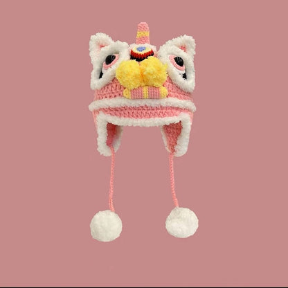 Dragon Year Hat Red Chinese Knitted Tiger Head Hat Baby Chinese New Year Celebration Joyous Xingshi Sleeve Cap
