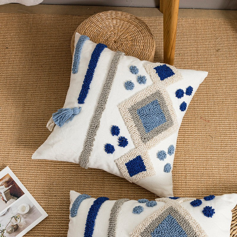 Bohemian Velvet Pillow Cover - Round Embroidered Tassel Cushion