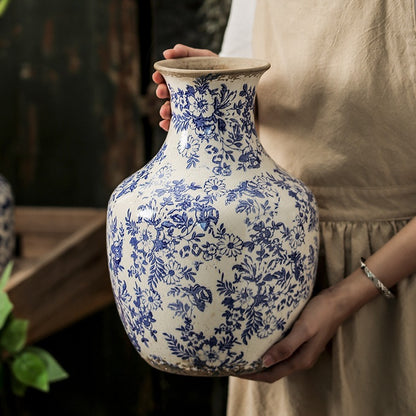 New Chinese Ceramic Vase - Retro Blue Round Belly Vase for Home Decor