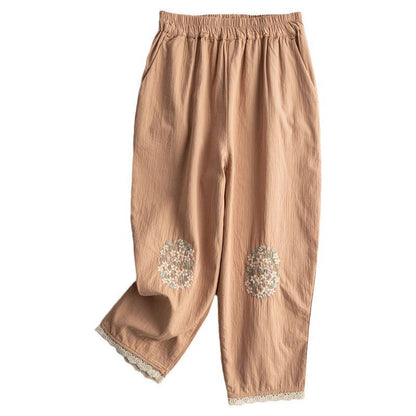 Cotton And Hemp Embroidery Casual Pants Female Literary Retro