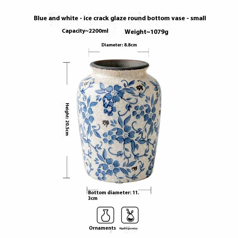 Vintage Ice Crackle Glaze Ceramic Vase - Blue and White Porcelain Decor