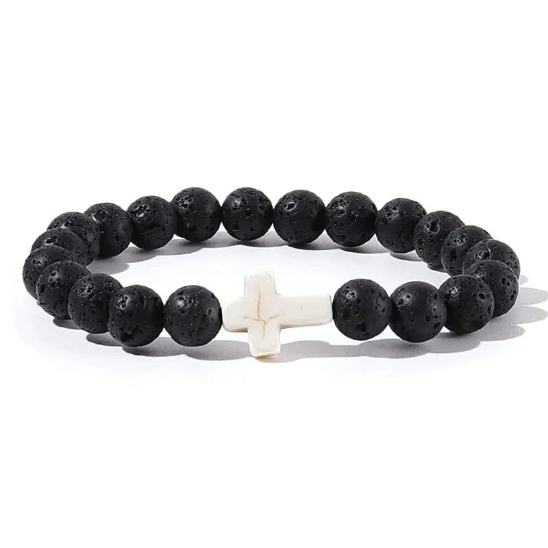 Men's Natural Stone Bead Bracelet - Tiger Eye, Obsidian & Wood Cross Charm